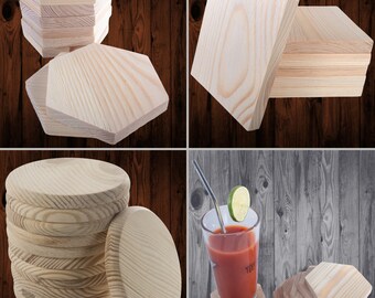 May include: A set of wooden coasters in various shapes, including round, square, and hexagonal. The coasters are made of natural wood and have a light brown color. Some of the coasters are stacked on top of each other, while others are arranged in a pattern on a wooden surface.