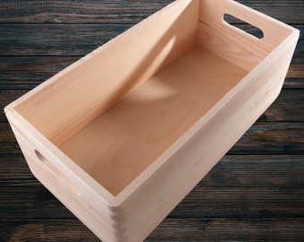 Rectangle Oblong Wooden Stacking Storage Crate Box | 40 x 20 x 14 cm | Cut-out Handles Open Top Container Organiser | Decorative DIY Pine