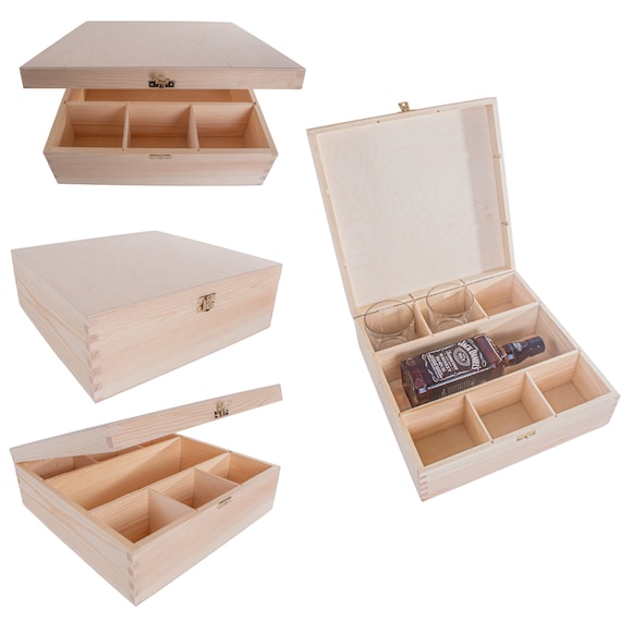 Wooden Storage Box for whisky Bottle & 6 Glasses Memory Keepsake Box With  Lid Compartments Sections Plain Unfinished Wood for Craft 