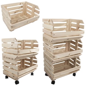 May include: Wooden storage crates in various configurations. The crates are made of light-coloured wood and have a slatted design. Some crates are stacked, and some have wheels for easy movement. The crates are empty and ready for use.