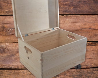 Large Deep Rectangle Wooden Storage Box With Hinged Lid Cut-out Handles & Wheels | Keepsake Memory Toy Box Chest Trunk | Decorative Pine