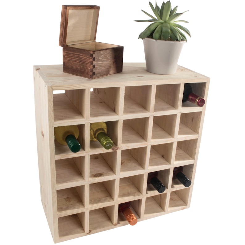 Square Wooden 25 Bottle Wine Rack | Fully Assembled | 52 x 25 x 52 cm | Floor Standing Cabinet Display Cellar Storage | Plain Untreated Pine image 15