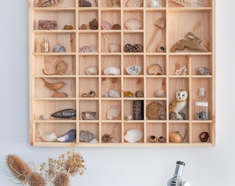 Grote houten snuisterijplank | 51 vakken | Opberger voor wandplanken | Effen, ongeverfd natuurlijk decoratief hout