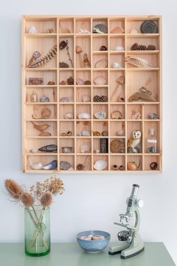 Large Wooden Trinket Display Shelf | 51 Compartments | Wall Hanging Unit Shelves Organiser | Plain Unpainted Natural Decorative Wood