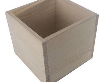 Plain Cube Open Wooden Box | 16x16x14 cm | Retail Display Presentation Tidy Bin Organiser | Decorative Pine For Craft