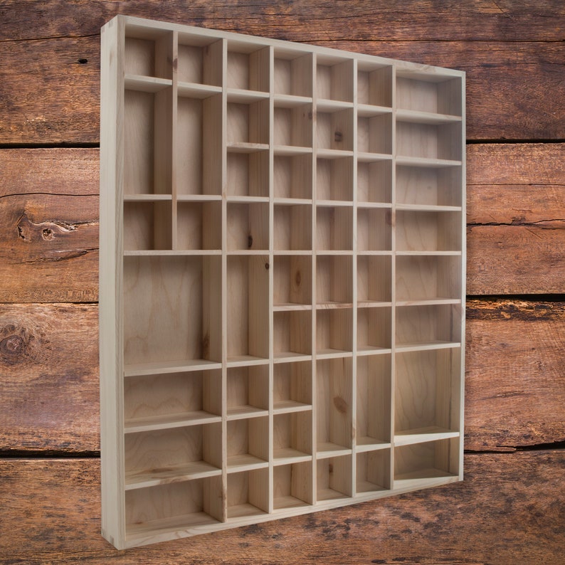 Large Wooden Trinket Display Shelf 51 Compartments Wall Hanging Unit Shelves Organiser Plain Unpainted Natural Decorative Wood image 1