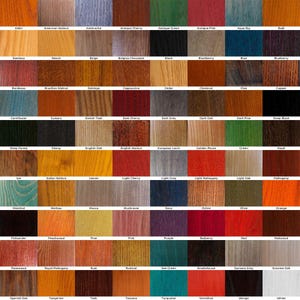May include: A chart of 100 wood stain colors, each color is labeled with its name. The colors range from light to dark, and from warm to cool.