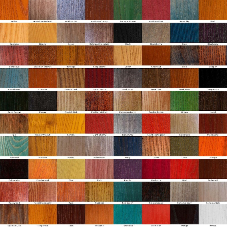 May include: A chart of 100 wood stain colors, each color is labeled with its name. The colors range from light to dark, and from warm to cool.