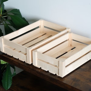 Plain Pine Shallow Crates | Choice of Sizes | Wooden Storage Display Shelf Box Presentation Basket Slatted Container | Unfinished Wood