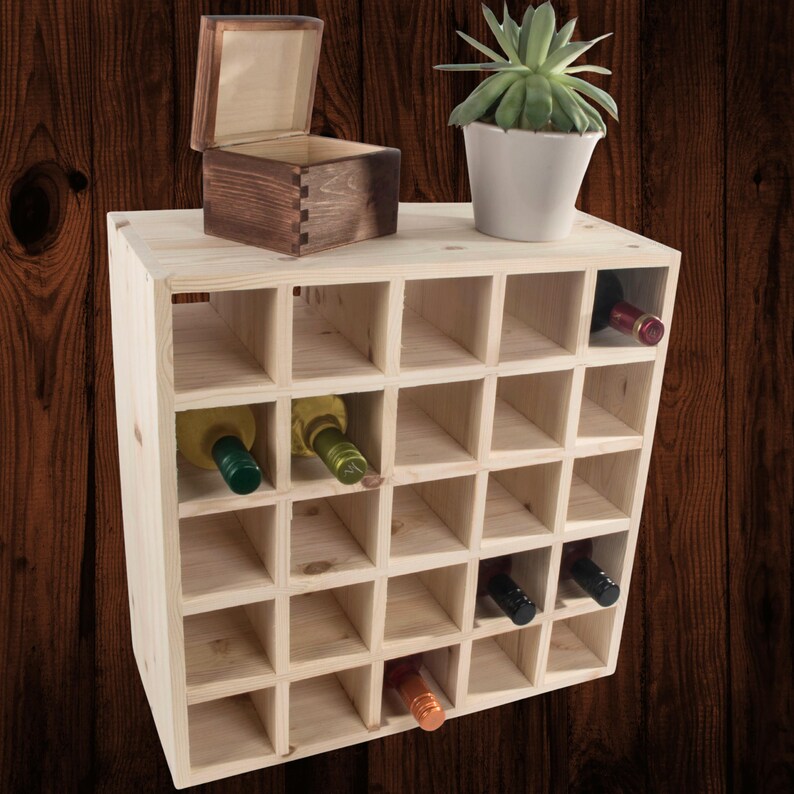 Square Wooden 25 Bottle Wine Rack | Fully Assembled | 52 x 25 x 52 cm | Floor Standing Cabinet Display Cellar Storage | Plain Untreated Pine image 3