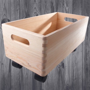 Wooden Oblong Storage Crate Box With Wheels | Cut-out Handles Non-lidded Container  | Vegetable Fruit Open Organiser | Wood To Decorate