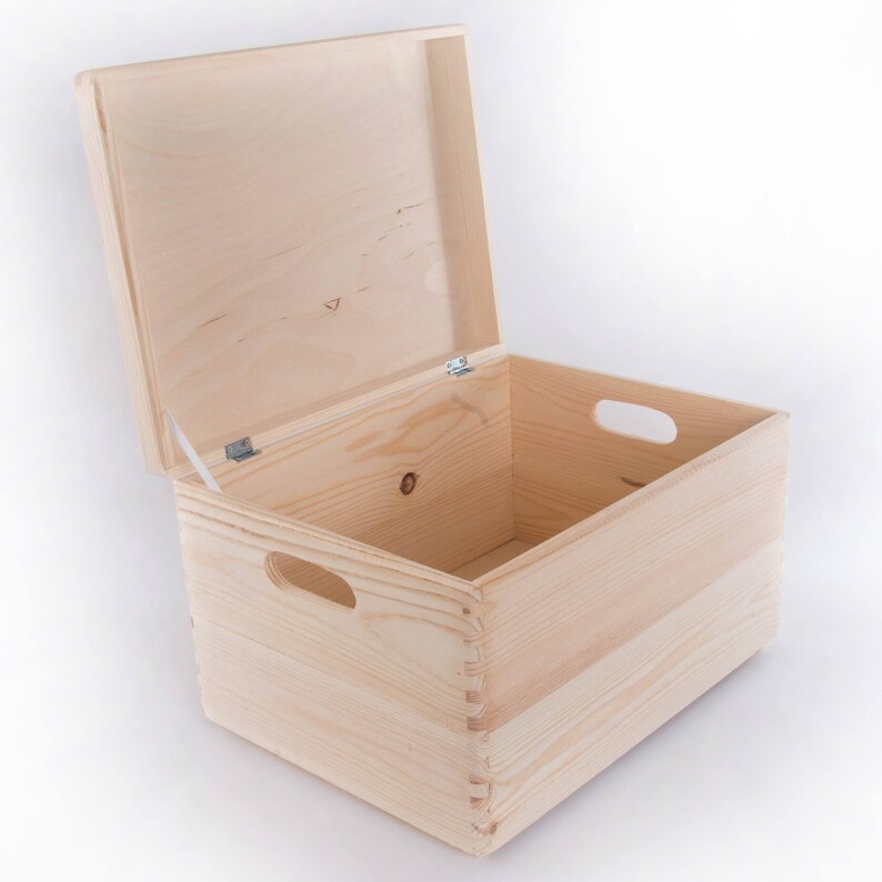 Unfinished Pine Wooden Storage Box With Lid & Cut-out Handles | Craft Decoupage Chest