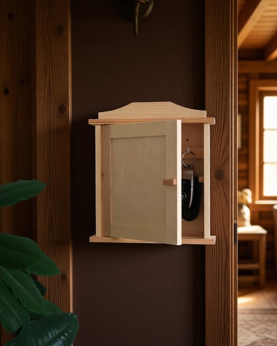 Holz-Schlüsselkasten | 5 Haken | An der Wand befestigter Kasten-Schlüssel-Rack-hängender Halter-Schrank-Zahnstangen-Organisator | Übermalbares Dekoholz