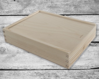 Shallow Pinewood Box With Sliding Lid | Photo Keepsake Gift Memory Storage Case | Plain Blank Natural Unpainted Unfinished