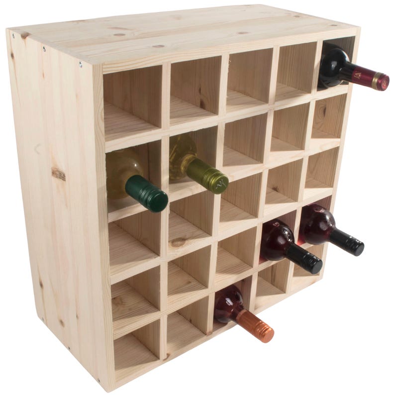 Square Wooden 25 Bottle Wine Rack | Fully Assembled | 52 x 25 x 52 cm | Floor Standing Cabinet Display Cellar Storage | Plain Untreated Pine image 8