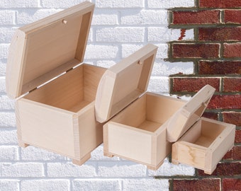Wooden Trinket Treasure Chest Box | Choice of Sizes | Treasure Jewellery Storage Case | Unfinished Paintable Decorative Lime Wood