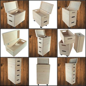 May include: A selection of wooden storage boxes with hinged lids and cut-out handles. Some are rectangular, others tall and narrow. All are made of light-coloured wood, and some have wheels for easy movement.