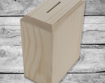 Small Wooden Money Tipping Saving Box Piggy Bank Coin Donation Rectangle Gift Jar | For Arts & Crafts | Paintable Decorative Wood