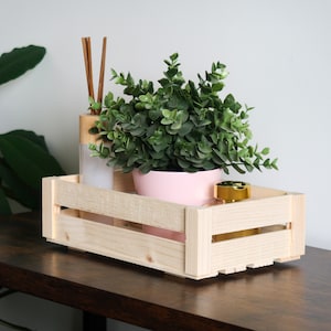 Small Shallow Wooden Crate | Pine Storage Display Shelf Box Presentation Basket Slatted Container | Unfinished Paintable Decorative Wood