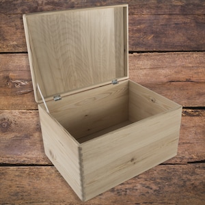 Large Deep Rectangle Wooden Storage Box With Hinged Lid | Keepsake Memory Toy Box Chest Trunk | Christmas Eve Box | Plain Unpainted Pine