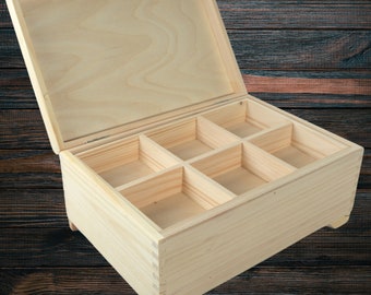 Wooden Chest with 6 Compartments Tray | Trinket Organiser Jewellery Earrings Keepsake Storage Box | Removable Divider | Plain Wood for Craft