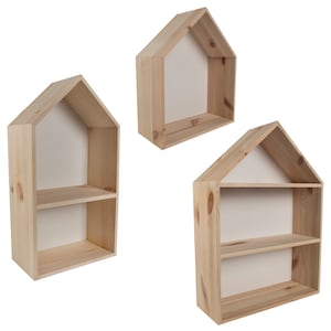 Choice of Wooden House Shaped Display Shelf | Wall-Mounted Home Decor | With White Back Panel | Unpainted & Untreated Plain Decorative Pine