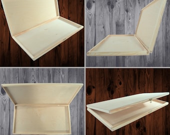 Shallow Unfinished Wooden Boxes with Hinged Lid – Flat Craft Storage, Keepsake or Memory Box – Plain Pine in Multiple Sizes