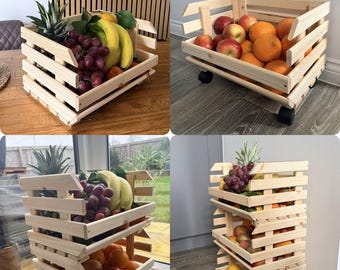 Wooden Vegetable Boxes | Choice of Options | Food Storage Rack Trolley Crate  | Kitchen Office Display Shelf Unit | Plain Untreated Pinewood