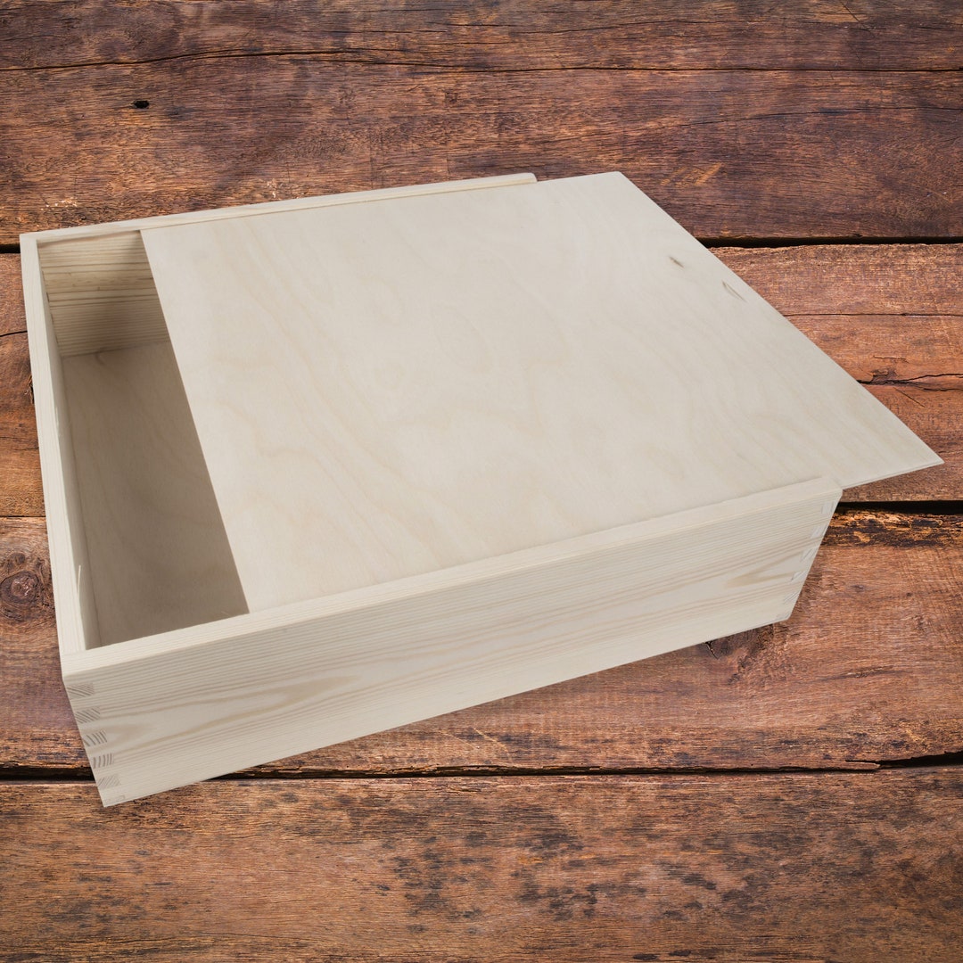 Unpainted Square Shallow Decorative Wooden Box With Sliding Etsy