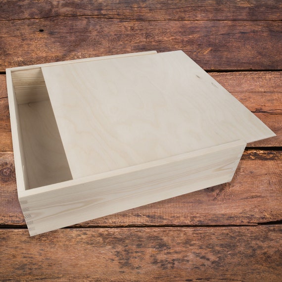 Unpainted Square Shallow Decorative Wooden Box With Sliding Lid