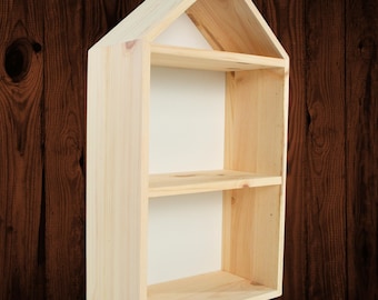 Narrow Pinewood House Shaped Trinket Display Shadow Box | Inner Shelf | White Background Panel | Unpainted & Untreated Plain Decorative Wood