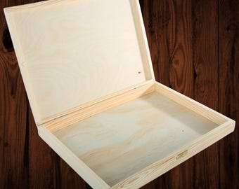 Shallow A4 Wooden Box | 34 x 25 x 4 cm | Lid & Clasp | Depthless Slim Files Document Notes Gift Case Keepsake Holder | Decorative Wood
