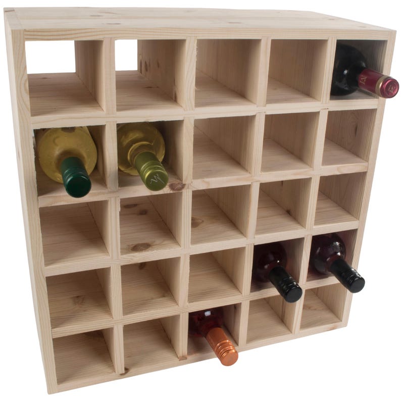 Square Wooden 25 Bottle Wine Rack | Fully Assembled | 52 x 25 x 52 cm | Floor Standing Cabinet Display Cellar Storage | Plain Untreated Pine image 6