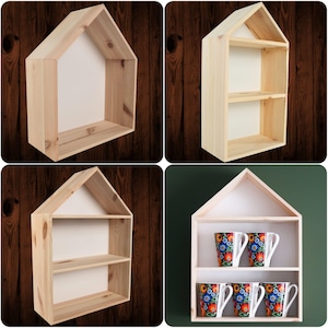 Choice of Wooden House Shaped Display Shelf | Wall-Mounted Home Decor | With White Back Panel | Unpainted & Untreated Plain Decorative Pine