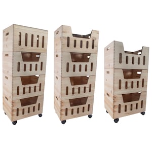 May include: Set of three wooden storage crates with wheels. Each crate has four compartments and is stacked on top of each other. The crates are made of natural wood and have a light brown colour.