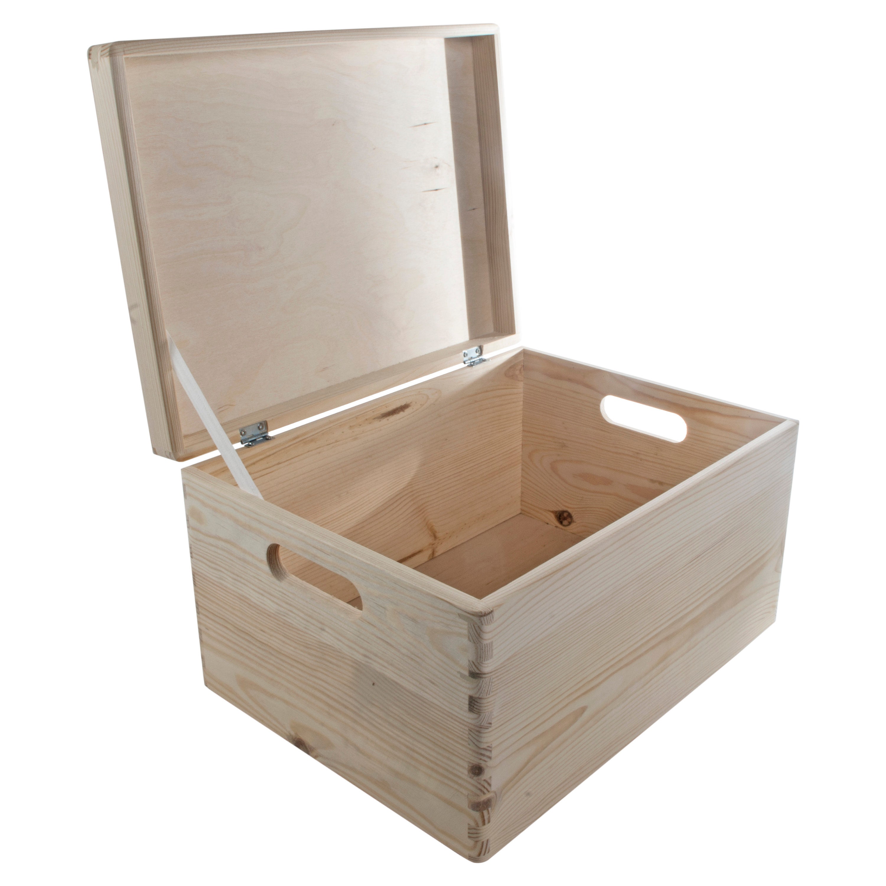 Large Wooden Storage Box With Hinged Lid & Cut-out Handles Toy Box