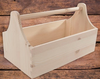 Wooden Trug Tool Box Carrier | Garden Garage Storage Organiser With Handle Vegetable Farm Caddy Basket | Unpainted & Untreated Pinewood