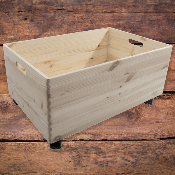 Extra Large Wooden Storage Crate Box | Wheels | Cut-out Handles Non-lidded Chest Container Organiser | Unpainted Craft Wood To Decorate DIY