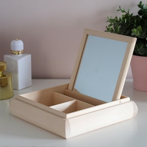 Schmuckschatulle aus Holz mit Spiegel | Make-up Schmuck Aufbewahrungskoffer Halter Fächer Organizer |  Schlichtes Holz zum Basteln