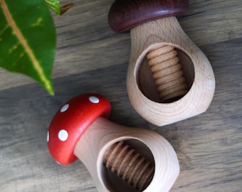 Wooden Nut Cracker Mushroom Design – Beech Screw Press Nutcracker in Dark Brown or Red Cap for Walnuts Hazelnuts Rustic Kitchen Gift