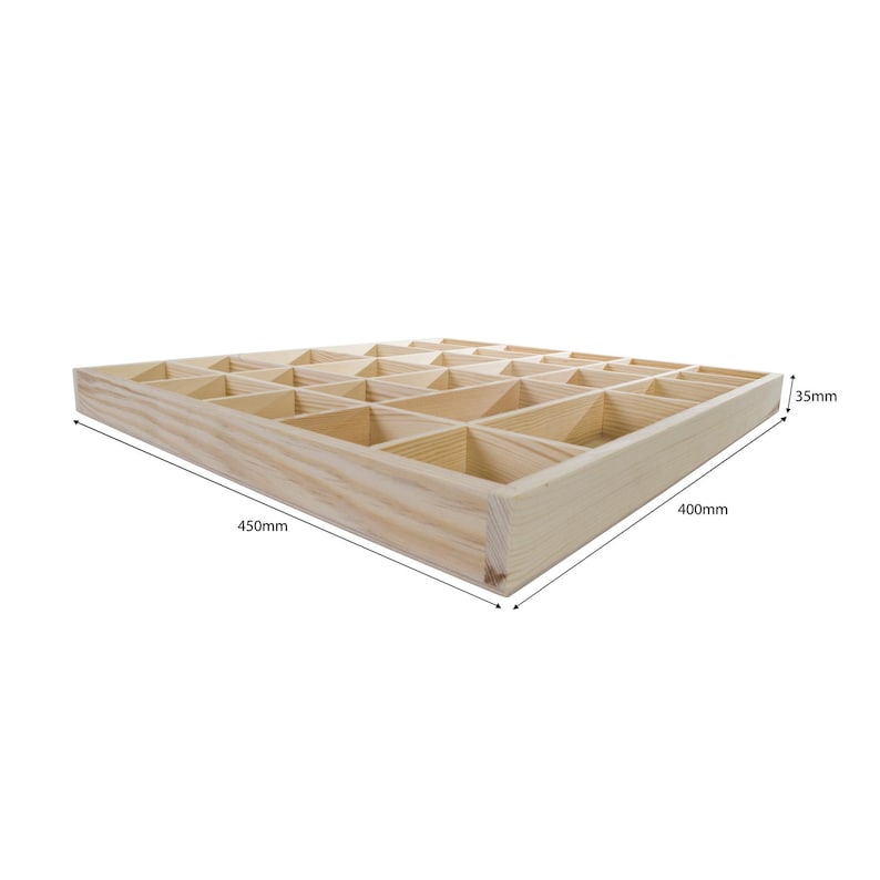 May include: A wooden storage box with 24 individual compartments. The box is 17.7 inches long, 15.7 inches wide, and 1.4 inches high.
