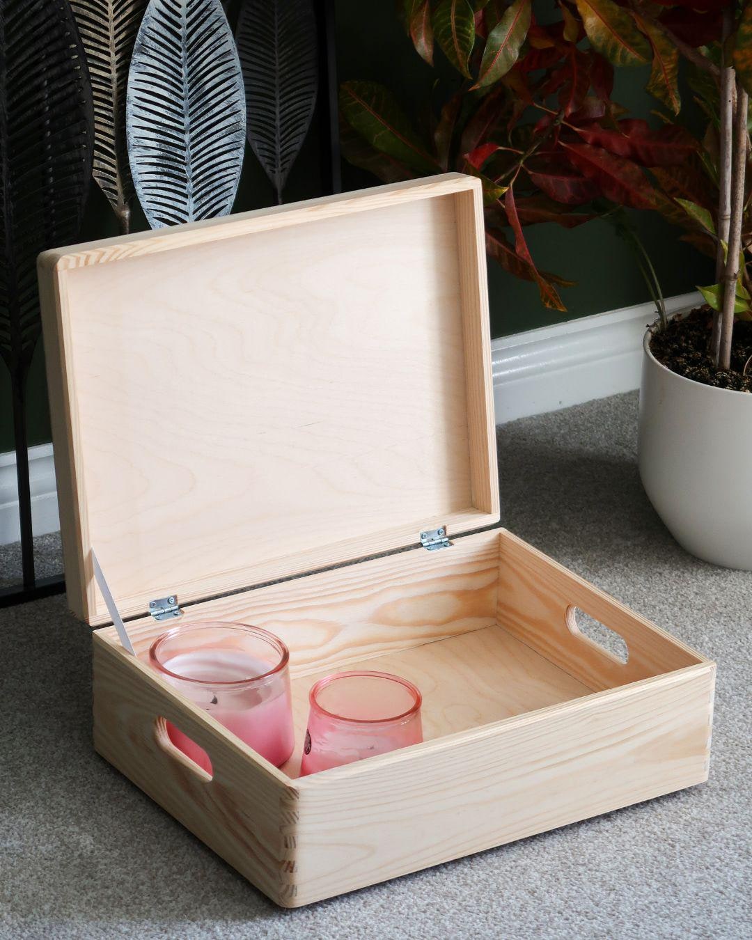 Large Shallow Wooden Storage Box With Hinged Lid & Cut-out Handles