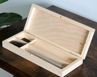 Wooden 3 Section Pencil Box – Crayon Brush Divider Storage Case 22 x 8.5 x 3.2 cm Unpainted Desk Organiser School Gift