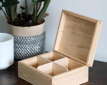 Plain Wooden Square Storage Box With Hinged Lid/ 4 Compartments / Tea Box /Jewellery Box /Trinket /Memory Box / Perfect For Decoupage/