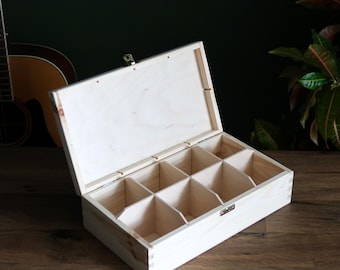 Plain Wooden Rectangular Storage Box With Hinged Lid/ 8 Compartments / Tea Box /Trinket /Memory Box / Perfect For Decoupage/ Jewellery Box