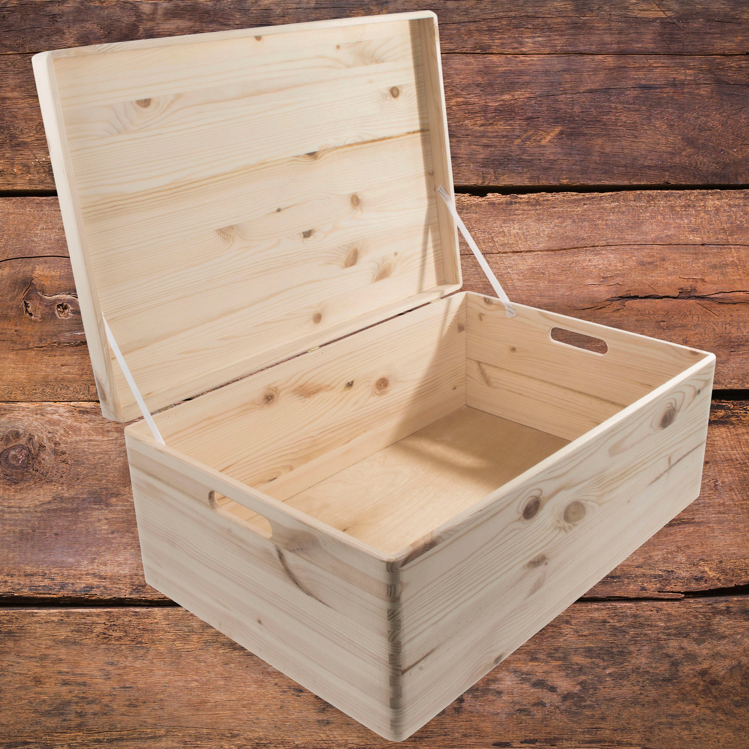 Large Shallow Wooden Storage Box With Hinged Lid & Cut-out Handles Toy Box  Chest Crate Trunk Container Decorative Plain Unpainted Pine 