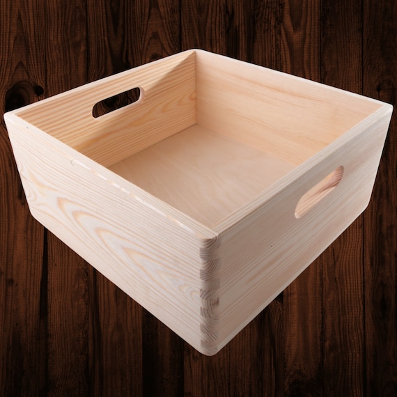 Quadratische Holzstapelkiste Box | 30 x 30 x 14cm | Cut-out Griffe Open Top Container Präsentation Organizer | Dekorative DIY Kiefer
