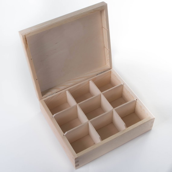 Plain Wooden Small Storage Box With Hinged Lid/3 Compartments