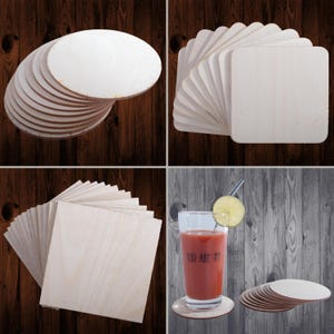 May include: A set of 12 unfinished wooden coasters, 4 inches in diameter, with a smooth surface. The coasters are perfect for DIY projects, such as painting, staining, or decoupage. They can be used as drink coasters, trivets, or decorative accents.