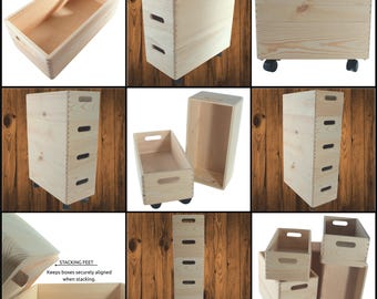 2-6 Tier Long Wooden Narrow Stackable Crates with Wheels Toy Storage Containers Plain Wood Boxes Home Garage Hallway Space Saving Bins